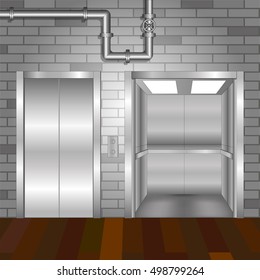 Open and closed metal  elevator doors with pipeline. Elevator hall interior with brick wall and wooden floor background.  Model industrial interior 3d. Vector illustration. 