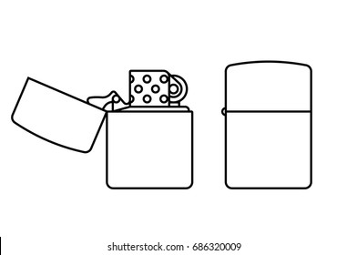 Open and Closed Metal windproof lighter with flame black line icon; Gasoline metal lighter vector
