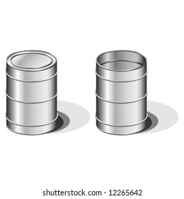 Open and closed metallic barrels over white background