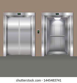 Puertas de ascensores metálicos modernos abiertos y cerrados