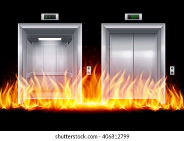 Open and Closed Modern Metal Elevator Doors in Fire