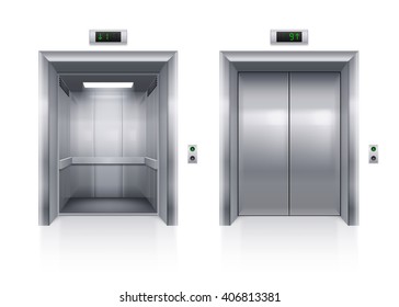Open and Closed Modern Metal Elevator Doors on White Background