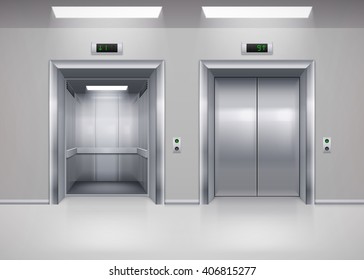 Open and Closed Modern Metal Elevator Doors. Hall Interior in Gray Colors
