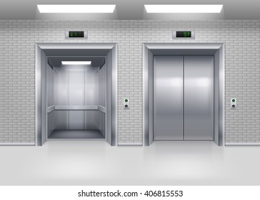Open and Closed Modern Metal Elevator Doors in a Brick Wall