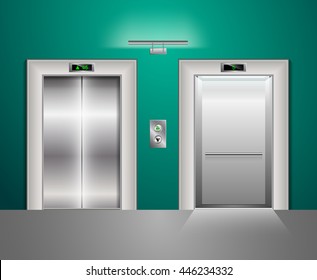 Open and Closed Modern Metal Elevator Doors. Hall Interior in green blue Colors
