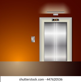 Open and Closed Modern Metal Elevator Doors. Hall Interior in orange Colors