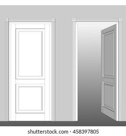 Open and closed modern white Doors. Vector illustration.