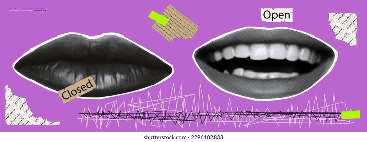 Open and closed mouth, halftone collage. Clippings from magazines and newspapers for poster design. Contemporary art, female lips. The concept of silence, cry, conversation or laughter. Vector.