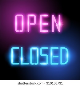 Open and Closed Neon Vector Signs. 