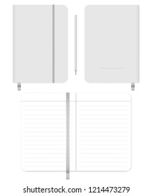 Open and closed note book with ribbon bookmark and elastic closure strap. Front, back cover, spread. Lined diary. Vector mock-up.