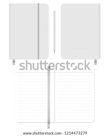 Open and closed note book with ribbon bookmark and elastic closure strap. Front, back cover, spread. Lined diary. Vector mock-up.