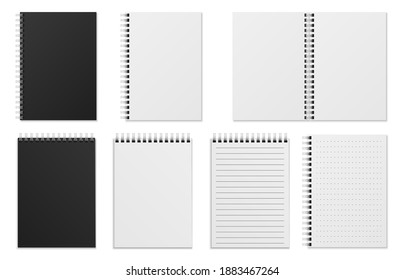 Offenes und geschlossenes Notebook. Blank realistische Wendelbinder Notizbuch oder Skizze. Weiße Blätter, Schachbrettseiten und -seiten, schwarze, weiche Draufsicht, Büromaterial, Vektorgrafik einzeln aufgerollt