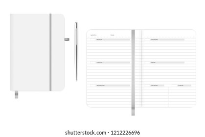 Open and closed notebook with metal ballpoint pen. Business diary planner. Vector mock-up.
