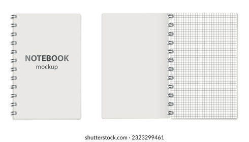 Open and closed notebook mockup realistic composition with views of notebook pages and cover with text vector illustration