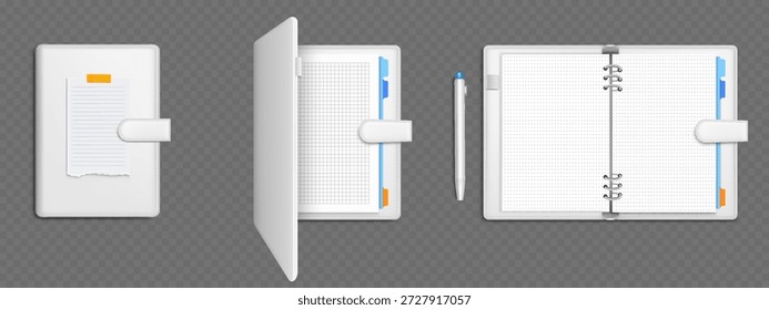 Open and closed notebook mockups isolated on transparent background. Vector realistic illustration of white hardcover diary with blank grid, dot, line pages, memory note and pen, business stationery