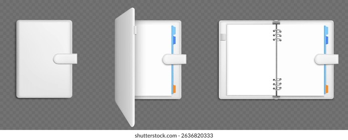 Open and closed notebook mockups set isolated on transparent background. Vector realistic illustration of spiral notepad with leather cover, blank paper pages, diary pad, office or school stationery