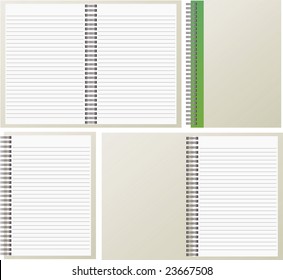 Open and closed notebooks on a white background.