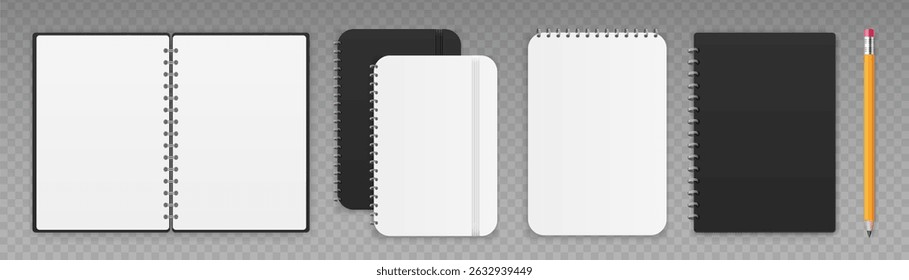 Open and closed notepad set. Black and white notebook with spiral. Vector EPS 10