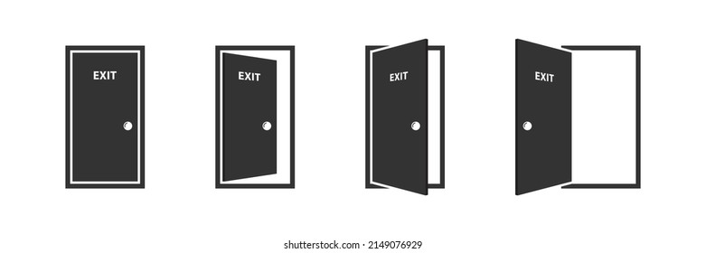 Open and closed office doors with exit label. Door icons set. Open, close and ajar door. Doors collection. Opened entrance door set. Flat vector illustration. 