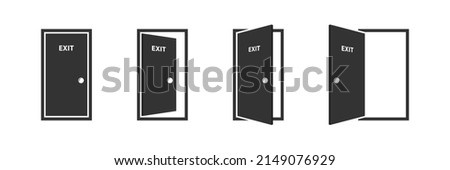 Open and closed office doors with exit label. Door icons set. Open, close and ajar door. Doors collection. Opened entrance door set. Flat vector illustration. 
