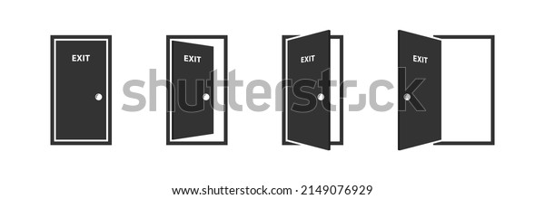 Open and closed office doors\
with exit label. Door icons set. Open, close and ajar door. Doors\
collection. Opened entrance door set. Flat vector illustration.\

