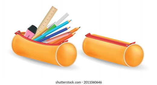 Open and closed orange school pencil case with pencils ruler highlighter pen realistic isolated vector illustration