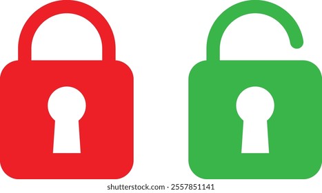 Open and closed padlock icons in red and green . Locked and unlocked icons . Vector illustration