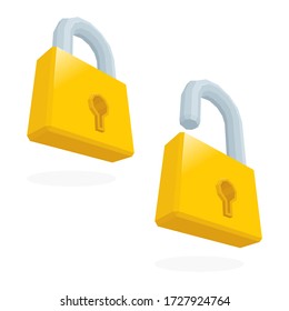 Open and closed padlocks set. Realistic padlocks vector illustrations collection. Isometric padlocks graphics. Part of set. 