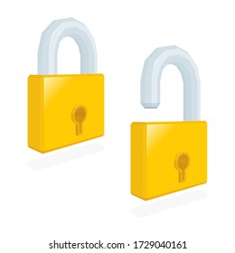 Open and closed padlocks set. Realistic padlocks vector illustrations collection. Isometric padlocks graphics. Part of set. 