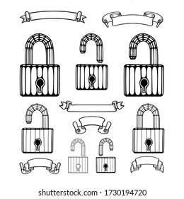 Open and closed padlocks sketch drawings set. Hand drawing padlocks and banners vector illustrations collection. Isometric padlocks and ribbons graphics. Part of set. 
