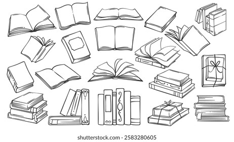 Open and closed paper books, bookshelf stack line icon. Outline hand drawn vintage diary, literature of bookstore, side and top view. Library mascots, simple books icon collection vector illustration