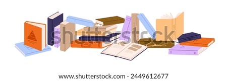 Open and closed paper books. Horizontal row of different textbooks. Novels, fictions with decorated covers. Literature for reading, learning. Flat isolated vector illustration on white background