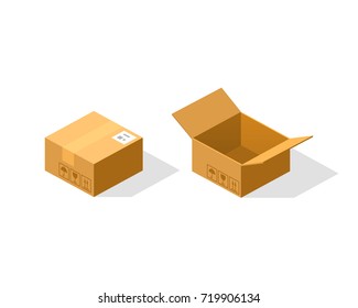 Open and closed paper box isometric. Vector Illustration