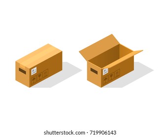 Open and closed paper box isometric. Vector Illustration