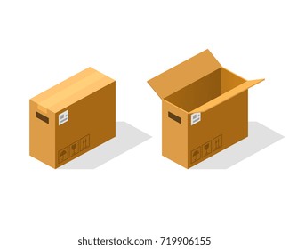 Open and closed paper box isometric. Vector Illustration