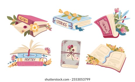 Libros de dibujos animados de papel abiertos y cerrados y pilas de literatura con flores. Libros de Biblioteca viejos divertidos con ramo, marcador, carta de amor. Lectura, mascotas de regalo, Ilustración vectorial de colección de dibujos animados