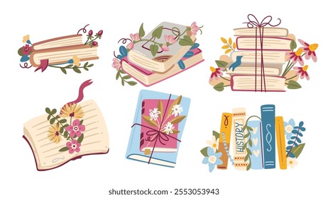 Livros de desenhos animados em papel aberto e fechado e pilhas de literatura com conjunto de flores. Engraçado primavera selvagem decoração floral, laço de corda na pilha de livros. Leitura, mascotes de presente, ilustração de vetor de coleção de desenhos animados