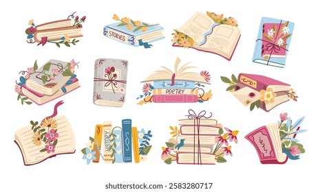 Open and closed paper cartoon books and literature stacks with flowers set. Funny old literature for reading. Reader club, festival mascots, cartoon cute floral bouquets with books vector illustration