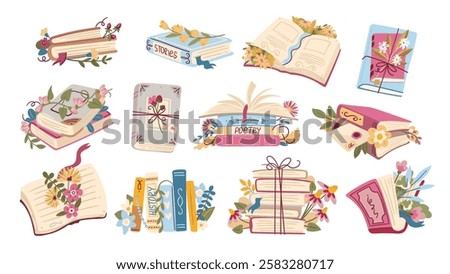 Open and closed paper cartoon books and literature stacks with flowers set. Funny old literature for reading. Reader club, festival mascots, cartoon cute floral bouquets with books vector illustration