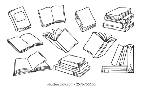 Open and closed paper classic books, literature in stack line icon set. Outline hand drawn vintage notebook and encyclopedia, poetry and novel. Library mascots, simple books icons vector illustration