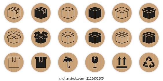 Open and Closed Parcel Boxes. Package with Symbol of Recycle, Glass, Fragile Icon. Cardboard Boxes Line and Silhouette Icon Set. Isolated Vector Illustration.
