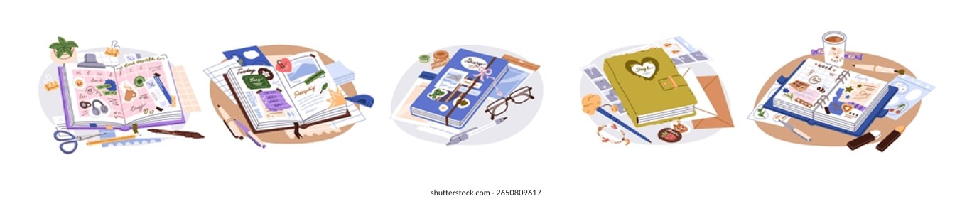 Diários pessoais abertos e fechados definidos. Diferentes cadernos são decorados com adesivos. Organizadores com calendários para planejamento. Livros de notas, papelaria, canetas. Ilustrações isoladas planas de vetor em branco