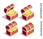 Open and Closed Pirate Chests Full of Gold Coins. Isometric Vector Illustration