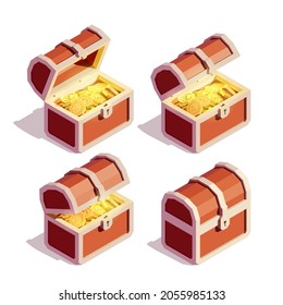 Open and Closed Pirate Chests Full of Gold Coins. Isometric Vector Illustration