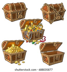 Open and closed pirate treasure chests, locked, empty, full of coins and jewelry, hand drawn cartoon vector illustration isolated on white background. Set of hand drawn treasure chests, full and empty