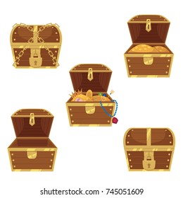 Open and closed pirate treasure chests, locked, empty, full of gold and jewelry, flat style cartoon vector illustration isolated on white background. Set of flat style treasure chests, full and empty