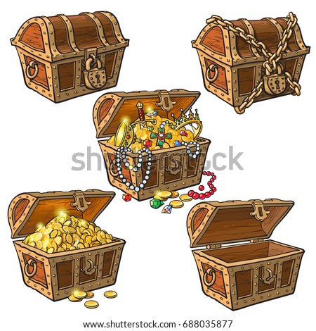 Open and closed pirate treasure chests, locked, empty, full of coins and jewelry, hand drawn cartoon vector illustration isolated on white background. Set of hand drawn treasure chests, full and empty