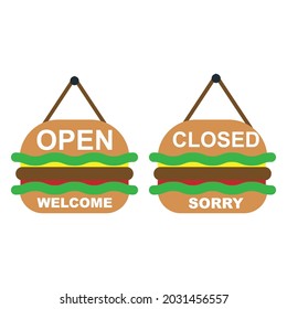 OPEN and CLOSED pizza or burger restaurant front door signboard label