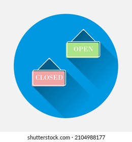 Open and closed plate icon on blue background. Flat image with long shadow.