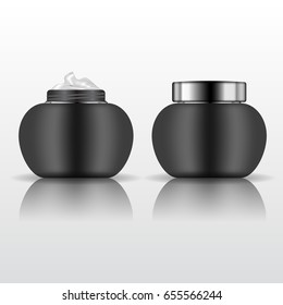 Open and closed realistic black plastic cream jar isolated. Vector illustration.